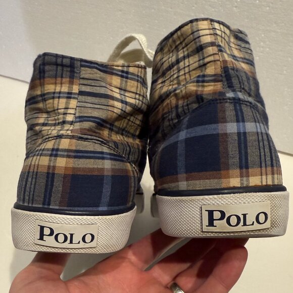 VINTAGE Polo Ralph Lauren Plaid High Top Sneakers Shoes Mens Size 10.5 Madras - Picture 6 of 13